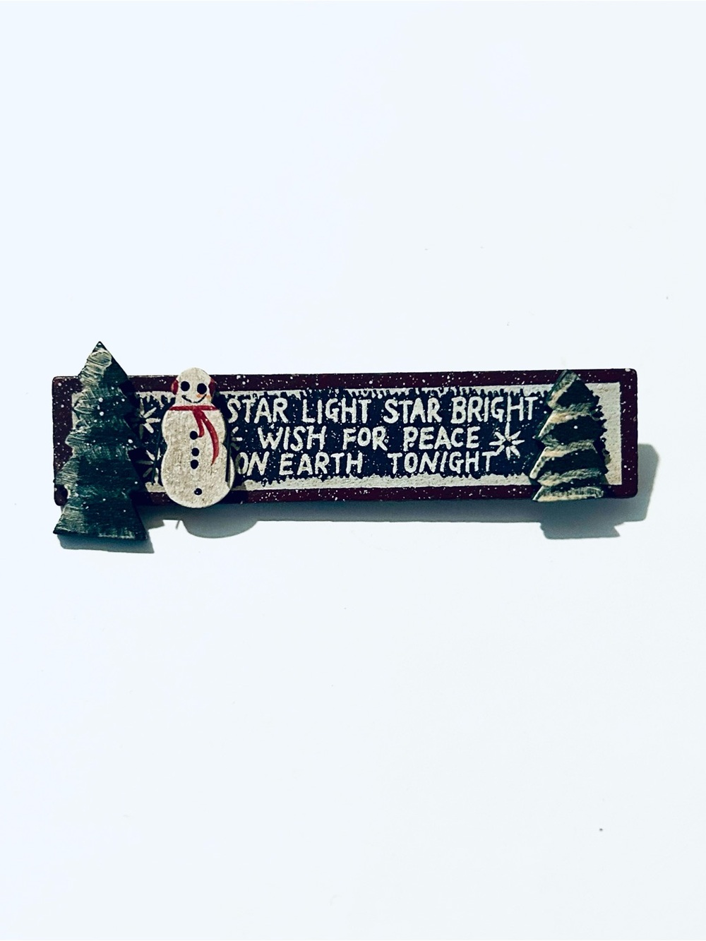Holiday Snowman Wood Sign Style Brooch- White Snowman with Green Trees